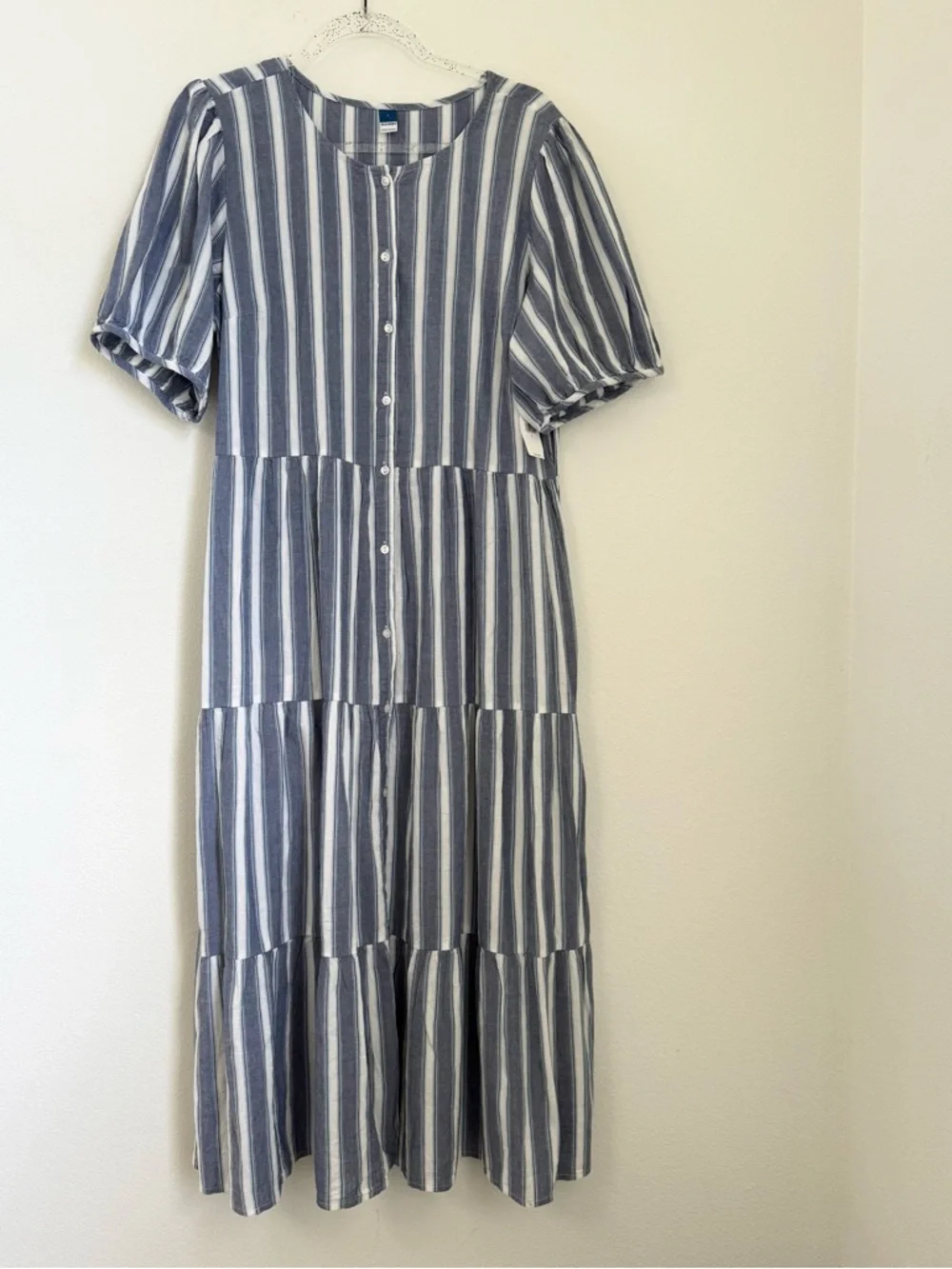 Old Navy Puff-sleeve Tiered Striped Midi Swing Dress Size L NWT - Picture 4 of 10